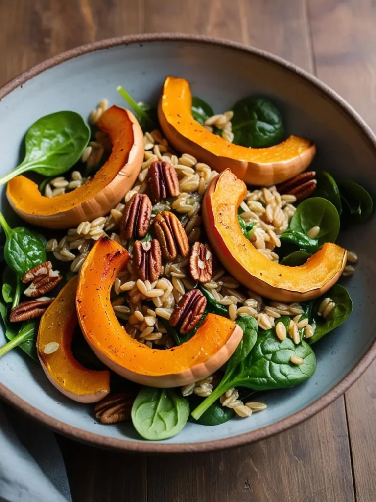 A hearty farro salad with roasted butternut squash slices, fresh spinach, and crunchy pecans in a rustic bowl. The vibrant colors and textures offer a mix of nutty, sweet, and earthy flavors, making for a visually appealing and nutritious dish with a warm, autumnal vibe.