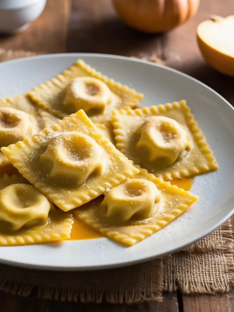 A plate of pumpkin ravioli. The ravioli is golden brown and filled with a creamy pumpkin filling. The dish is dusted with powdered sugar and looks delicious and inviting.