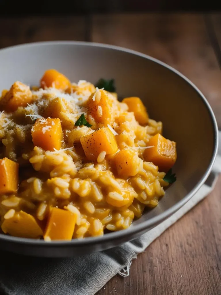 A bowl of creamy butternut squash risotto, topped with grated Parmesan cheese and fresh herbs. The risotto looks rich, comforting, and perfect for a fall or winter meal.