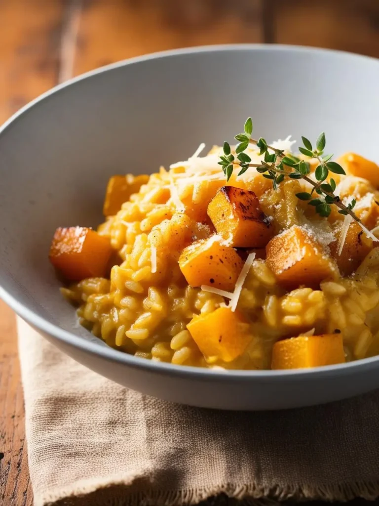 A bowl of creamy butternut squash risotto, topped with roasted butternut squash cubes, grated Parmesan cheese, and a sprig of thyme. The dish looks warm, comforting, and delicious.