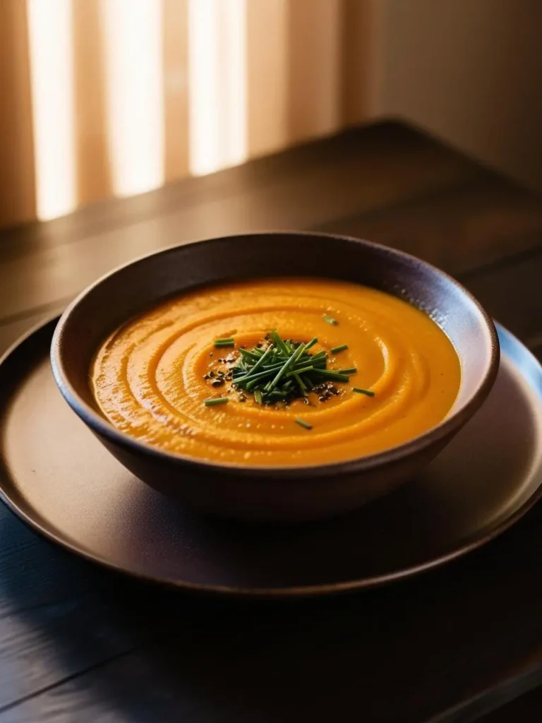 A bowl of creamy pumpkin soup garnished with croutons and chopped chives. The soup has a vibrant orange color and is served in a rustic bowl on a textured surface.