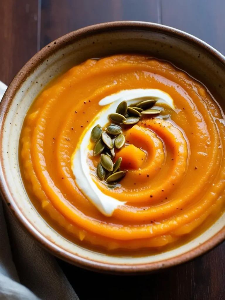 A bowl of creamy pumpkin soup garnished with a dollop of sour cream, pumpkin seeds, and a sprinkle of black pepper. The soup looks warm and inviting, perfect for a chilly day.