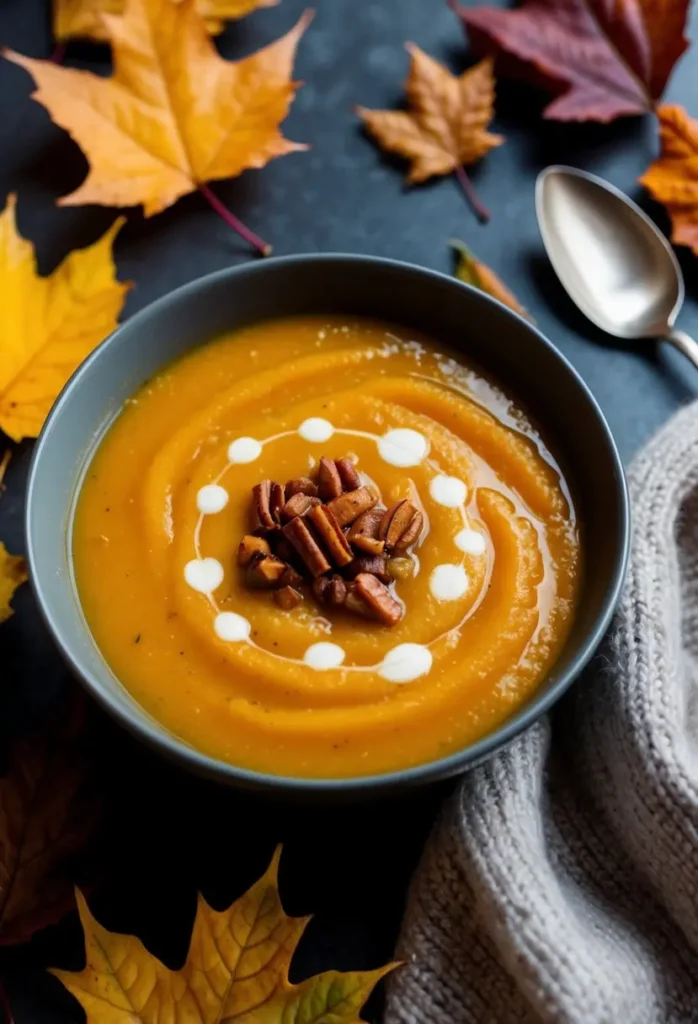 A close-up of a bowl of creamy butternut squash soup garnished with chopped pecans and dollops of sour cream. The soup is surrounded by colorful autumn leaves, creating a warm and inviting scene.