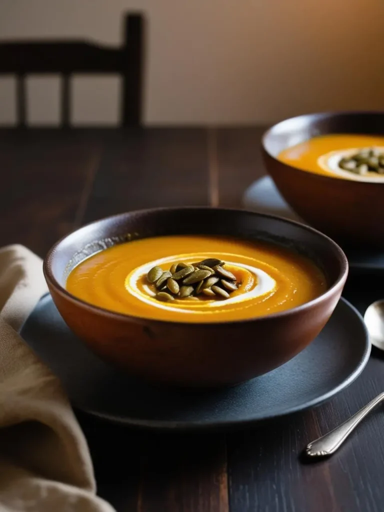 Two bowls of creamy pumpkin soup on a dark wooden table. The soup is a vibrant orange color and is topped with a swirl of cream and pumpkin seeds. The bowls are placed on plates next to a spoon and a napkin.