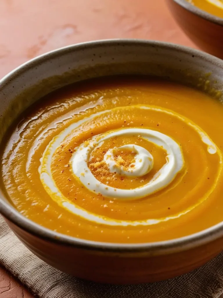 A bowl of creamy butternut squash soup garnished with a dollop of sour cream, a sprinkle of paprika, and a few croutons. The soup has a vibrant orange color and looks warm and inviting.