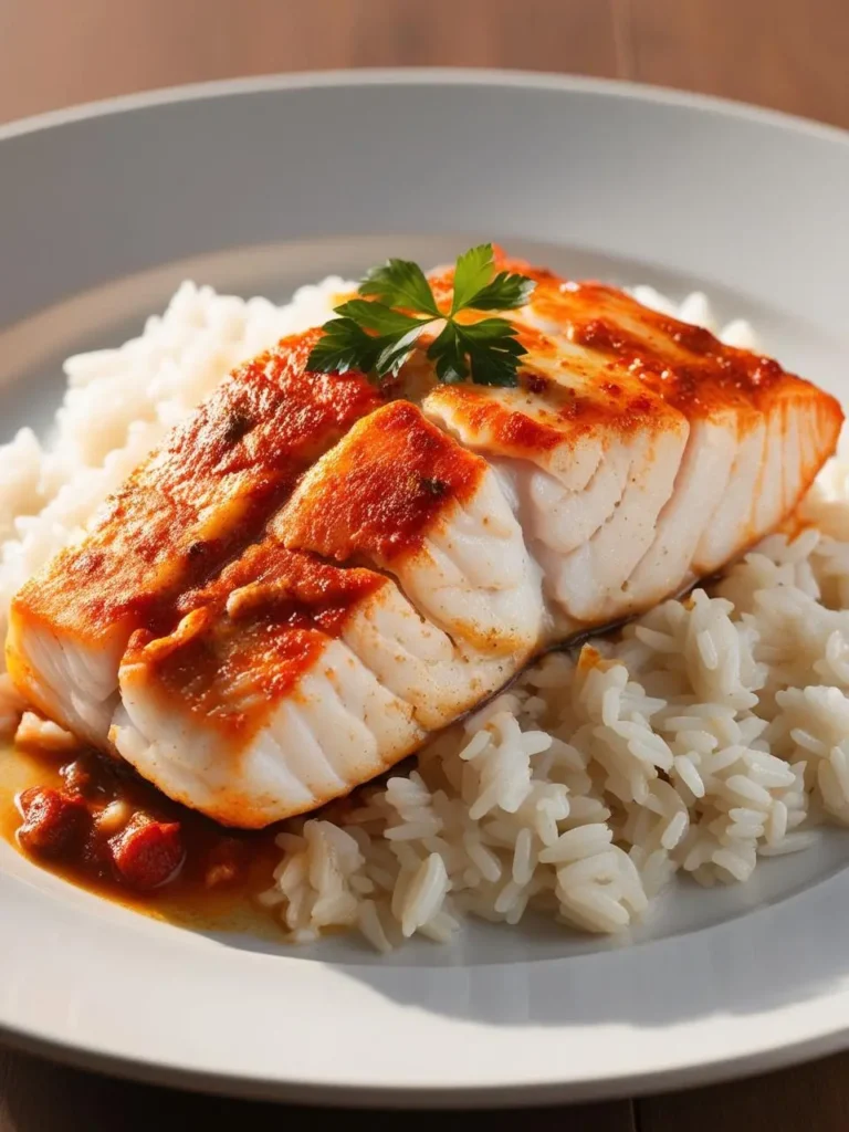 A plate of baked cod fish with a crispy, red crust. The fish is served on a bed of white rice and garnished with fresh parsley.