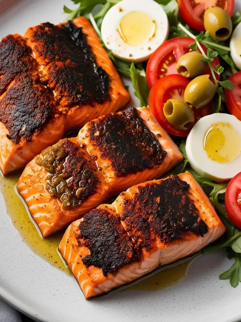 A plate of pan-seared salmon fillets with a beautifully browned crust. The salmon is served alongside a fresh salad with tomatoes, olives, and hard-boiled eggs. The dish looks flavorful and visually appealing.