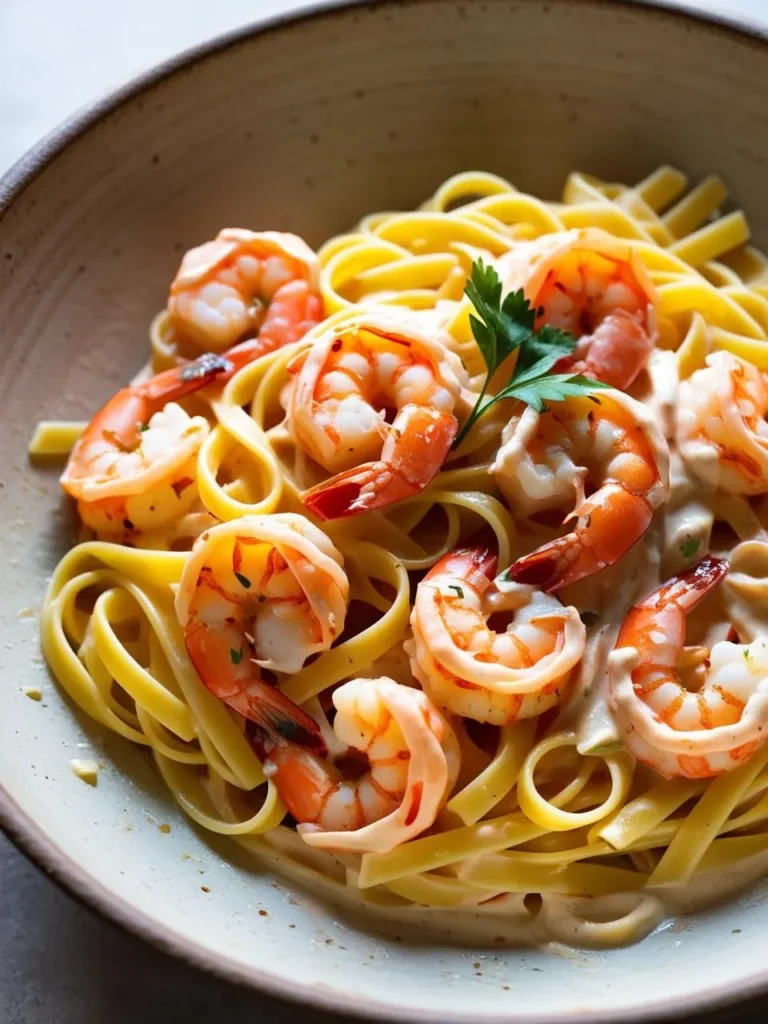 A plate of fettuccine pasta with large, plump shrimp. The pasta is coated in a creamy, pink sauce, and the dish is garnished with fresh parsley. It looks like a delicious and satisfying meal.