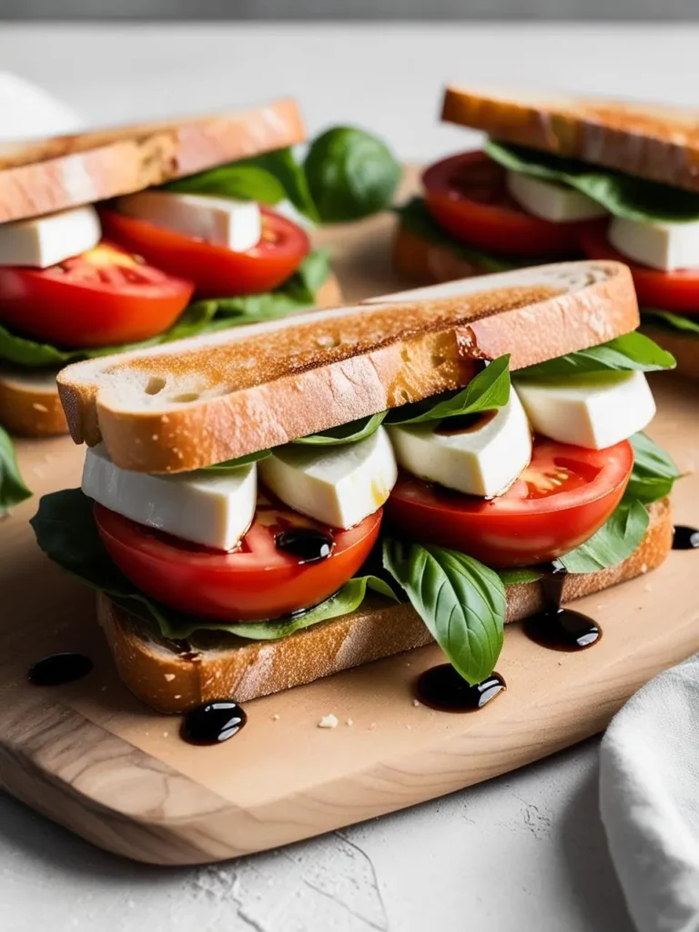 A trio of Caprese sandwiches on a wooden board. Each sandwich is made with fresh mozzarella, ripe tomatoes, basil leaves, and a drizzle of balsamic glaze.