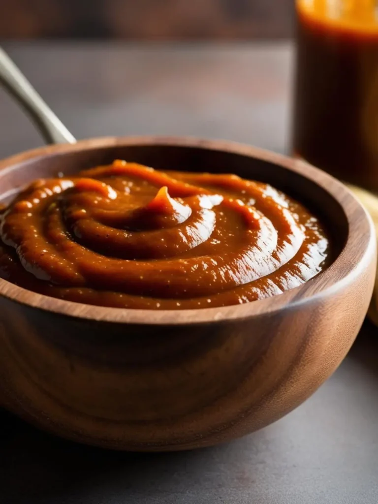 A wooden bowl filled with a thick, rich barbecue sauce. The sauce has a deep, mahogany color and a swirl pattern on the surface. It looks ready to be used to marinate or glaze your favorite grilled meats.