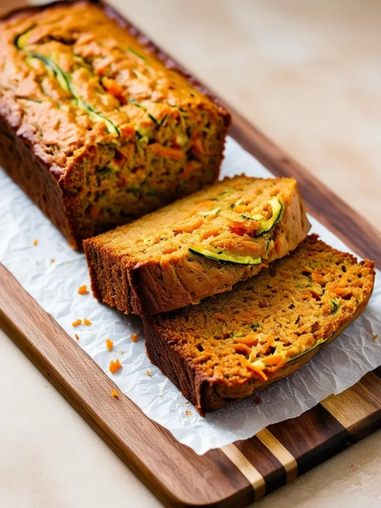 A loaf of zucchini bread, sliced on a wooden cutting board. The bread is golden brown and has a moist texture. The slices reveal the zucchini and carrot pieces inside.