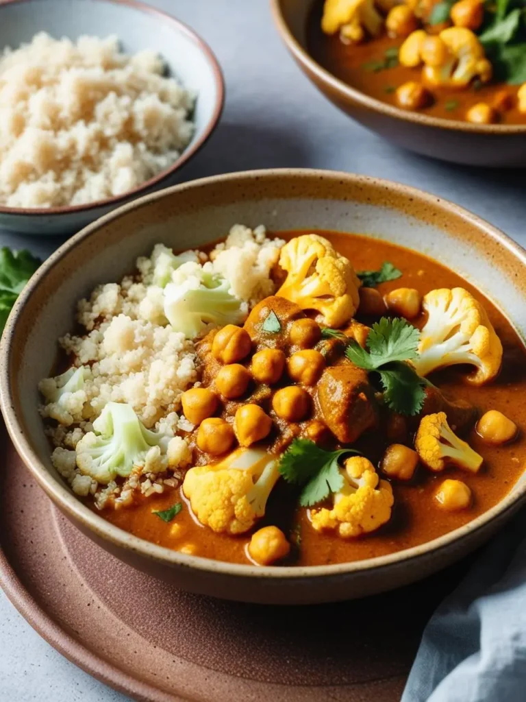 A bowl of fragrant chickpea and cauliflower curry, served with a side of fluffy couscous. The curry is rich and flavorful, with a hint of spice.