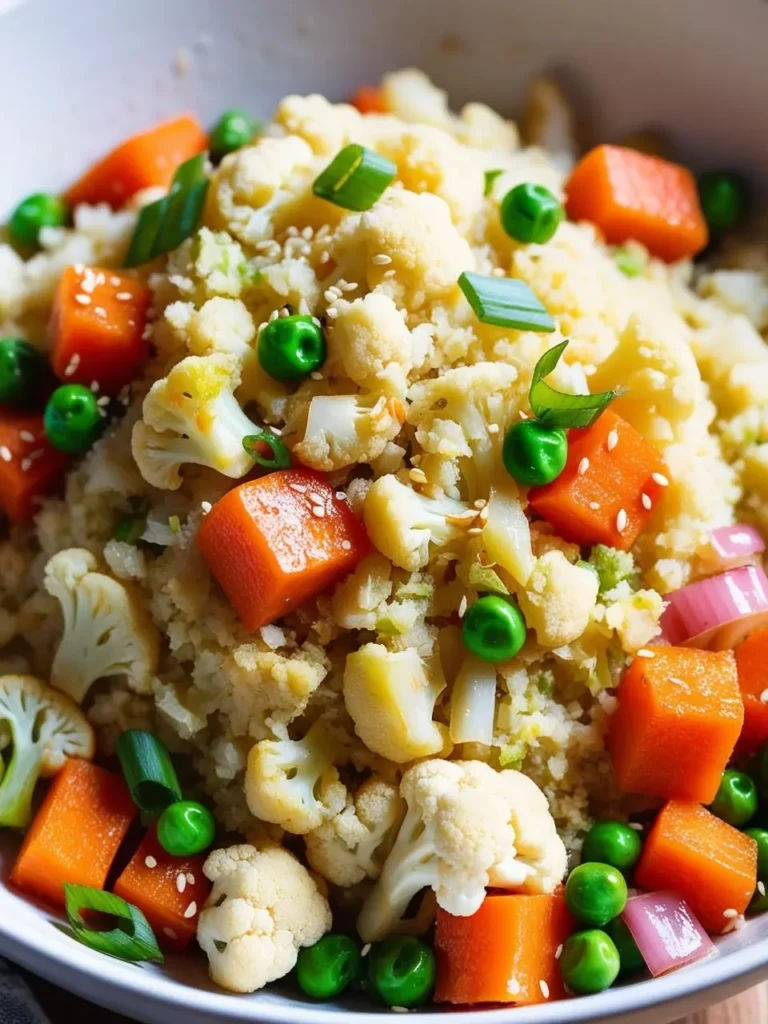 A bowl of colorful and flavorful cauliflower rice stir-fry. The dish is loaded with vegetables like carrots, peas, and onions, making it a healthy and delicious meal.