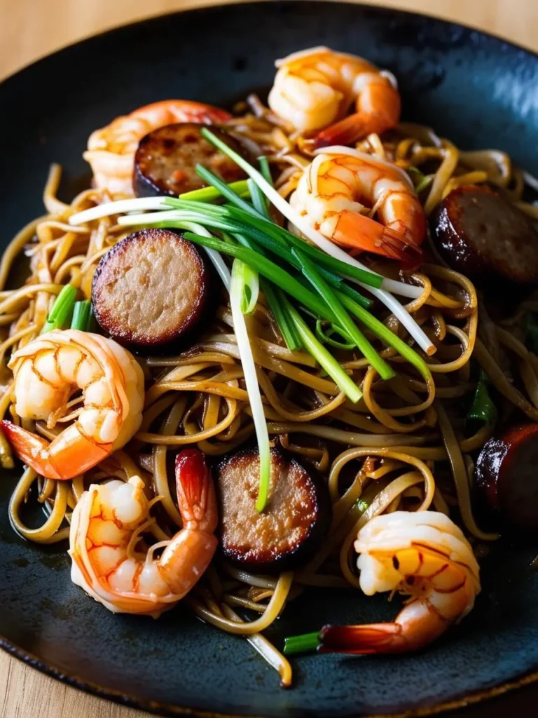 A plate of seafood pasta with plump shrimp, slices of smoked sausage, and a bed of long, golden noodles. The dish is garnished with chopped green onions, adding a touch of freshness. It looks like a delicious and satisfying meal.