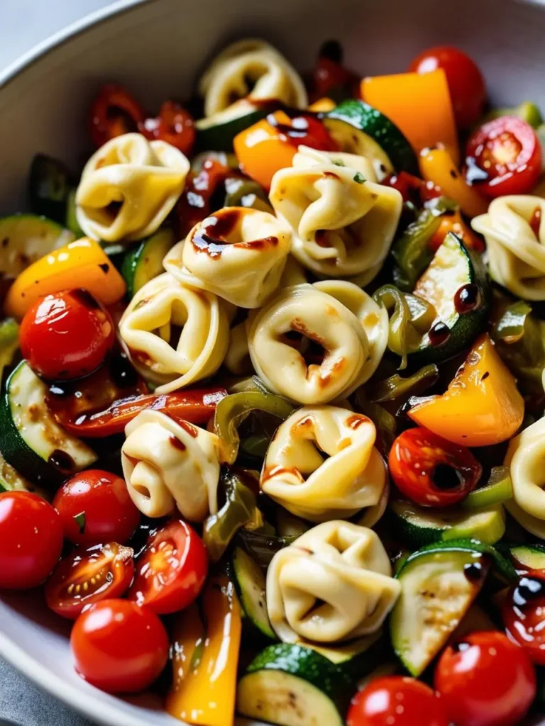 A close-up view of a bowl of tortellini salad. The salad is made with tortellini pasta, cherry tomatoes, bell peppers, zucchini, and a balsamic glaze.