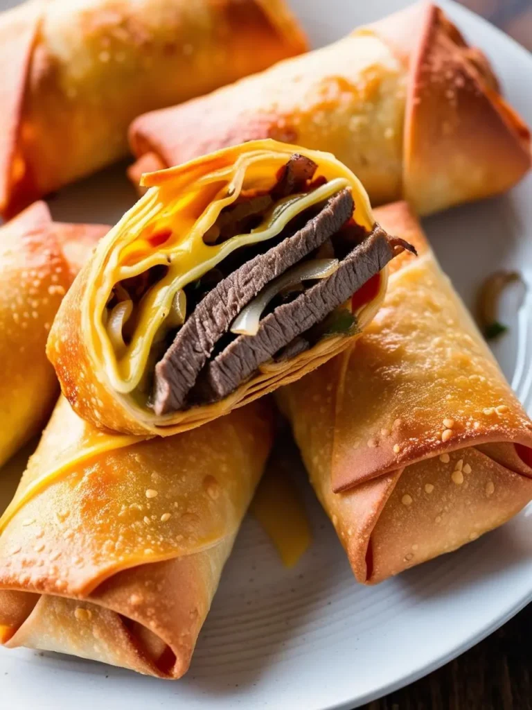 A plate of crispy egg rolls filled with steak, onions, and melted cheese. One egg roll is cut open, revealing the delicious filling. The dish looks incredibly appetizing and perfect for a party or game day snack.