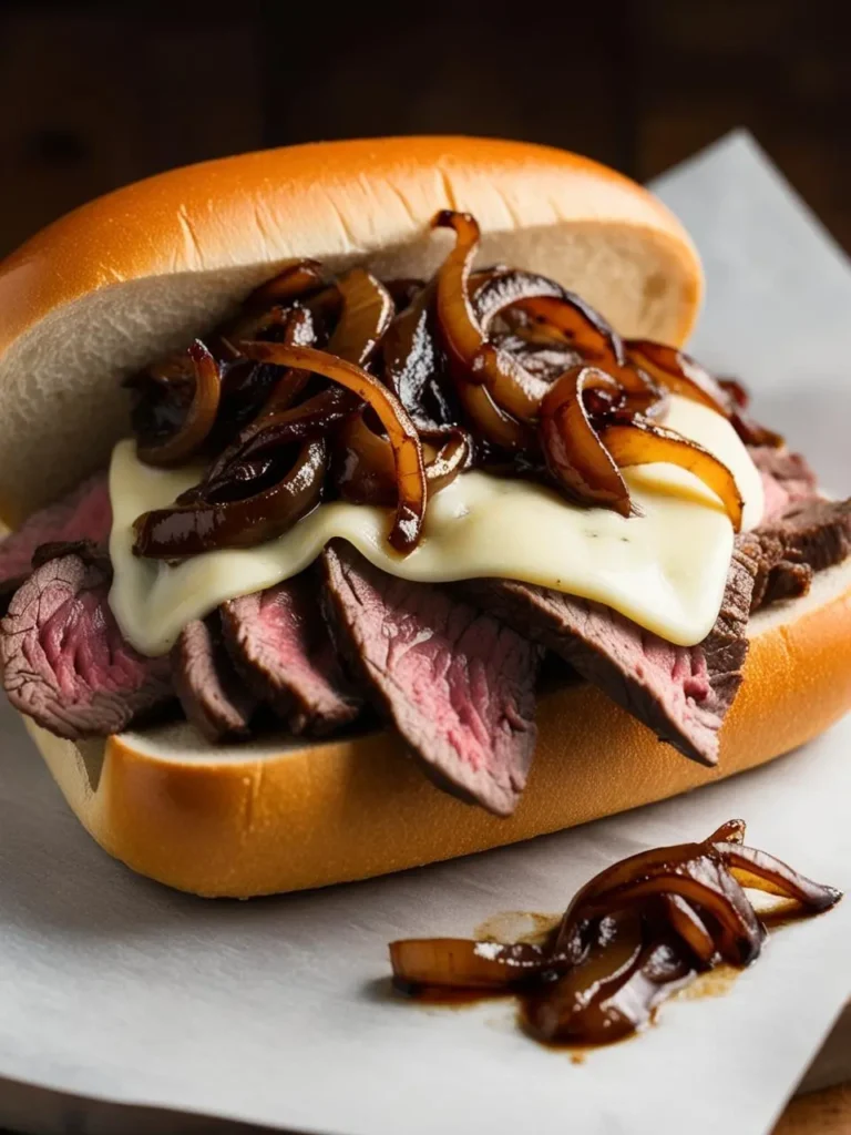 A close-up image of a cheesesteak sandwich with melted cheese, thinly sliced steak, and caramelized onions on a toasted roll. The sandwich looks incredibly appetizing and perfect for a satisfying meal.