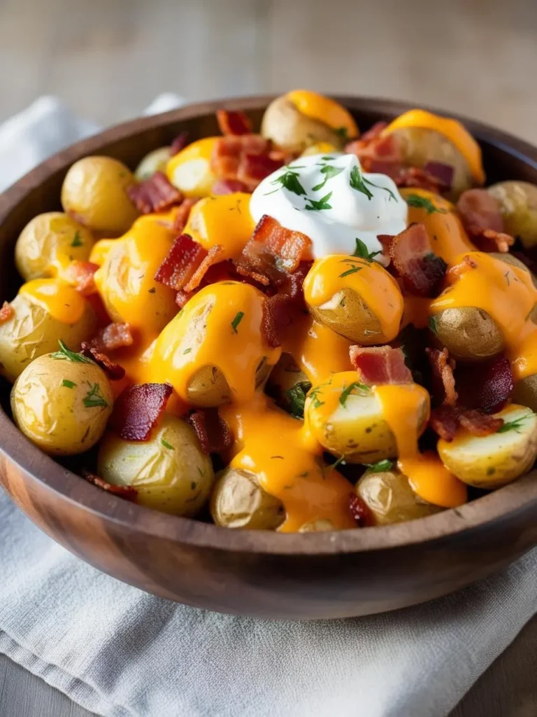 A close-up of a bowl of loaded potato bites. The small potatoes are covered in melted cheese, crispy bacon bits, and a dollop of sour cream. The dish looks incredibly appetizing and perfect for a game-day snack.