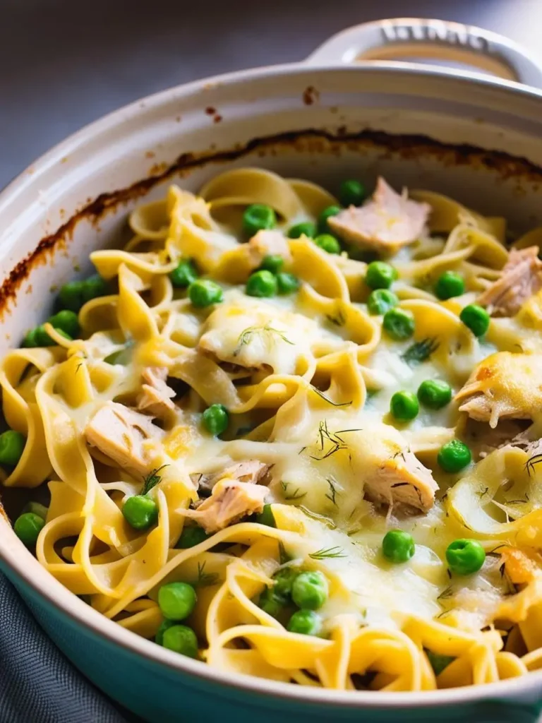 A close-up view of a creamy tuna noodle casserole in a white ceramic baking dish. The casserole is topped with melted cheese, peas, and noodles, and a scoop has been taken out to reveal the creamy filling.