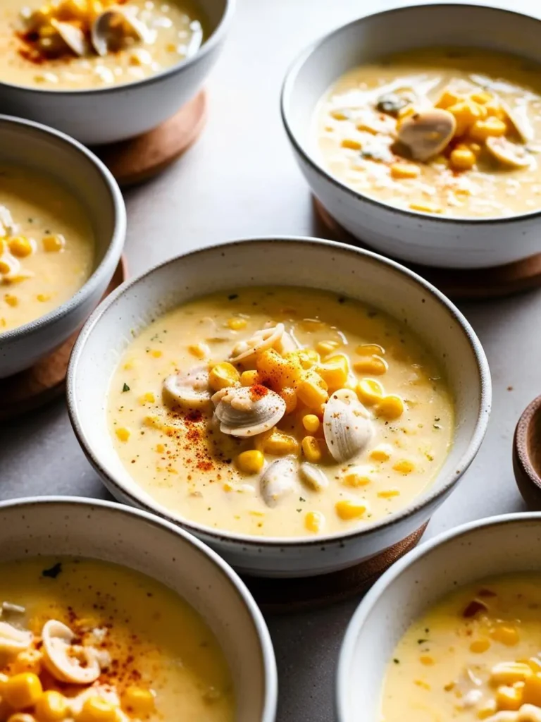 A row of bowls filled with a creamy, golden chowder. The chowder is loaded with fresh corn kernels and topped with clams and a sprinkle of paprika. It looks like a comforting and delicious meal.