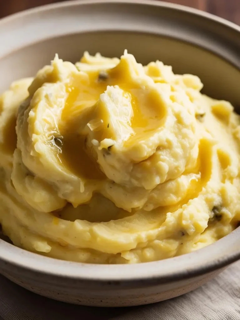 A close-up of a bowl of creamy mashed potatoes. The potatoes are topped with melted butter and a sprig of fresh thyme. The dish looks warm, comforting, and incredibly appetizing.