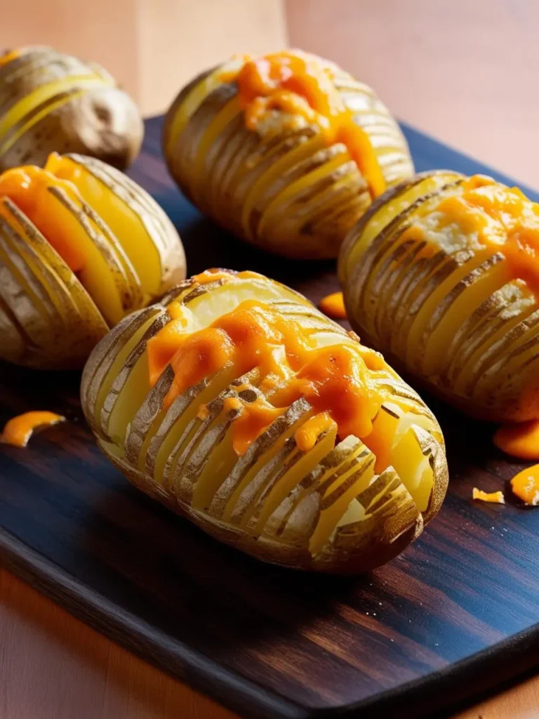 Four golden-brown Hasselback potatoes on a wooden board. Each potato is sliced in a fan-like pattern and topped with melted cheese. The potatoes look crispy and delicious.