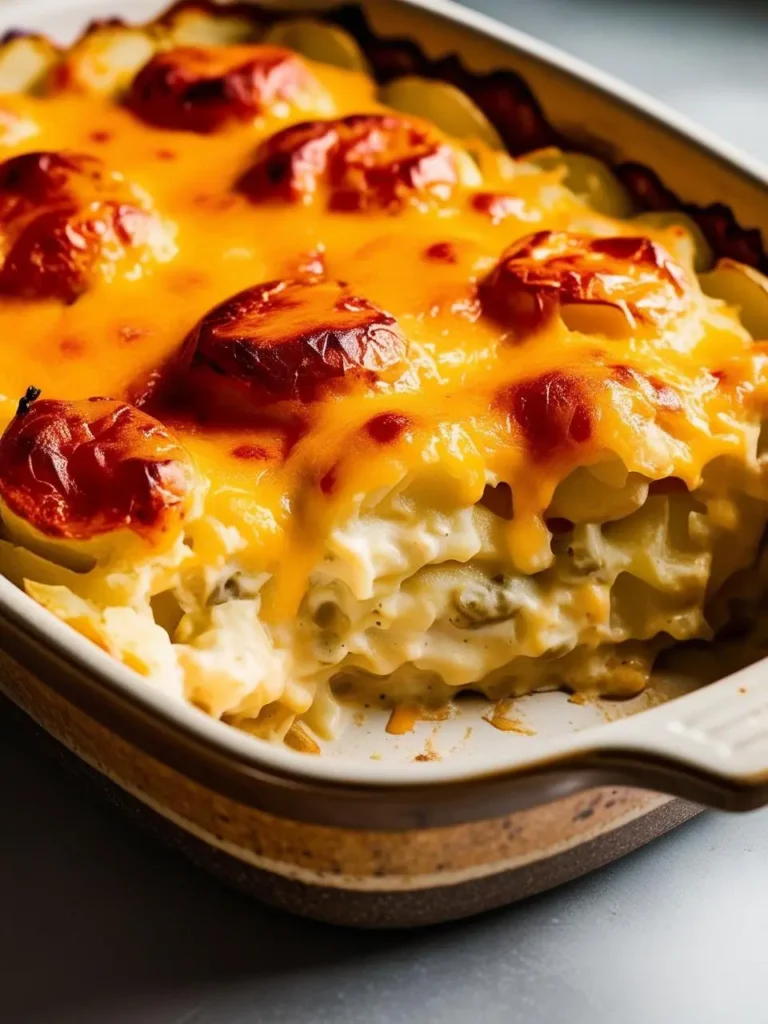 A close-up of a cheesy scalloped potato casserole. The casserole is topped with crispy potato slices and melted cheese. A section of the casserole has been removed, revealing the creamy layers of potatoes and cheese underneath. The dish looks warm, comforting, and incredibly delicious.