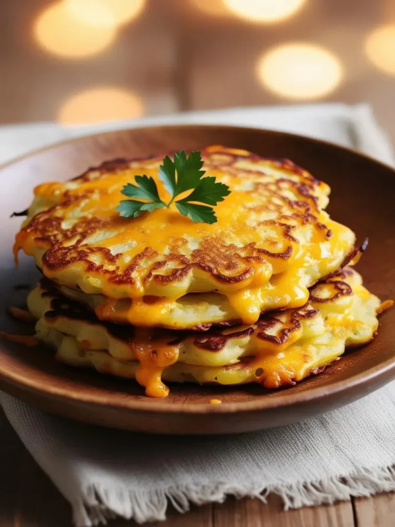 A stack of golden brown cheese pancakes on a wooden plate. The pancakes are topped with melted cheese and a sprig of parsley. The background is blurred with warm, golden lights.