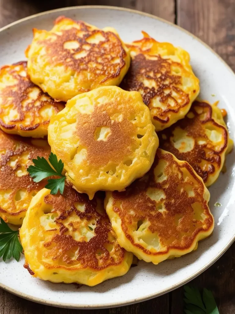 A plate of golden-brown potato pancakes. The pancakes are crispy on the outside and fluffy on the inside, with a beautiful lattice pattern on top. They are garnished with a sprig of fresh parsley.