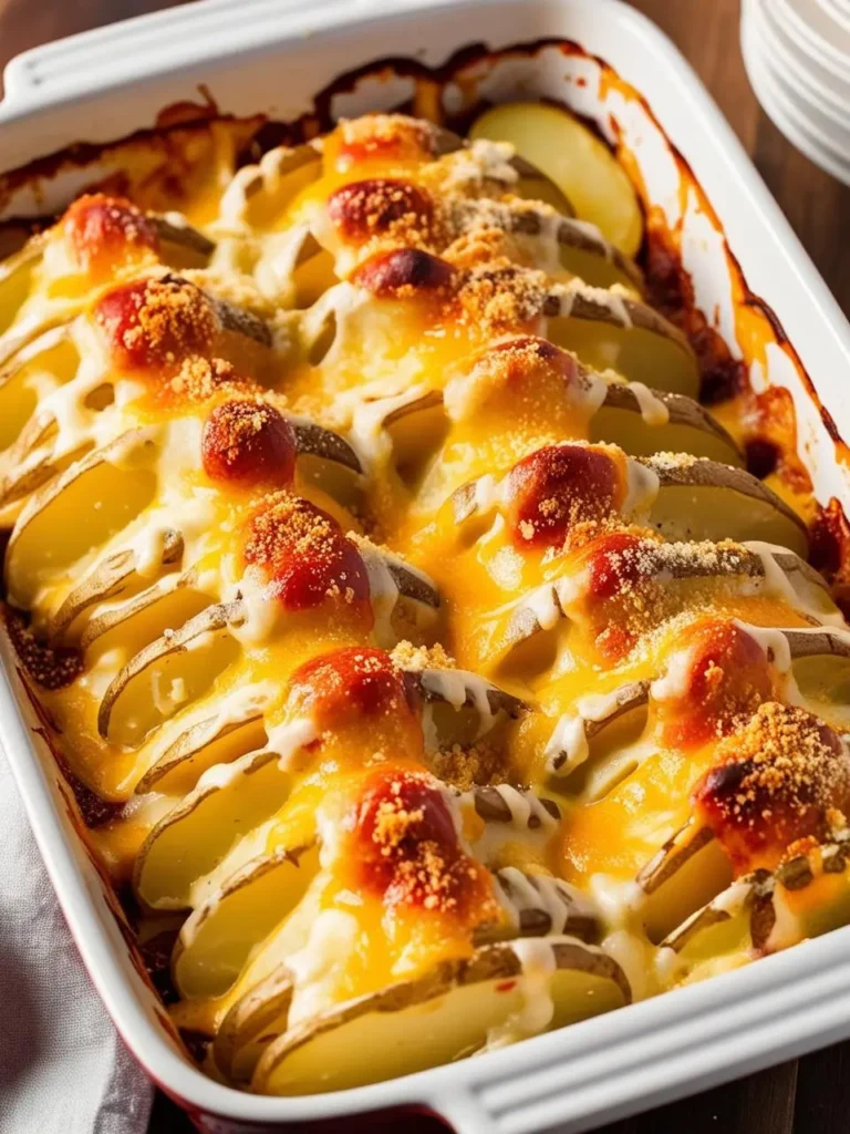 A close-up of a cheesy potato casserole. The casserole is topped with melted cheese and crispy breadcrumbs. The dish looks warm, comforting, and incredibly appetizing.