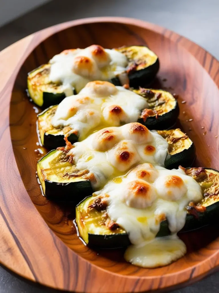 A wooden platter filled with grilled zucchini halves topped with melted mozzarella cheese. The zucchini is golden brown and looks crispy and delicious.