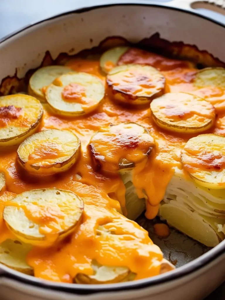 A close-up of a cheesy potato casserole. The casserole is topped with crispy potato slices and melted cheese. A slice has been removed, revealing the creamy filling underneath. The dish looks warm, comforting, and incredibly appetizing.