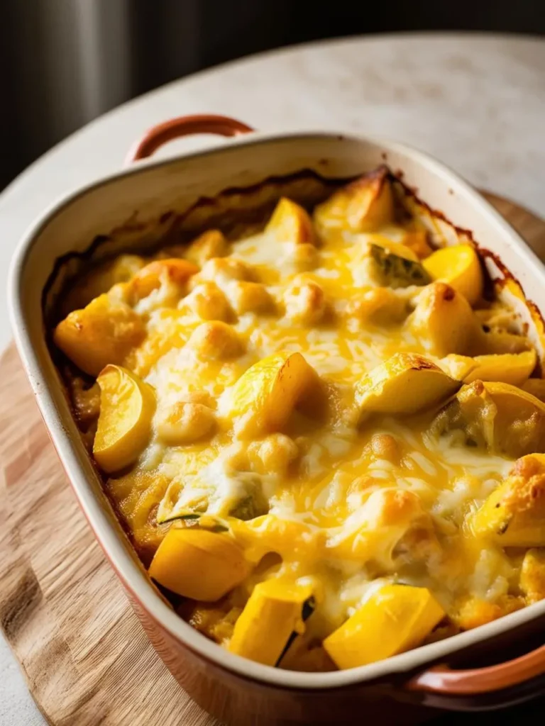 A close-up view of a cheesy scalloped squash casserole in a brown baking dish. The casserole is topped with melted cheese and has a golden brown crust.