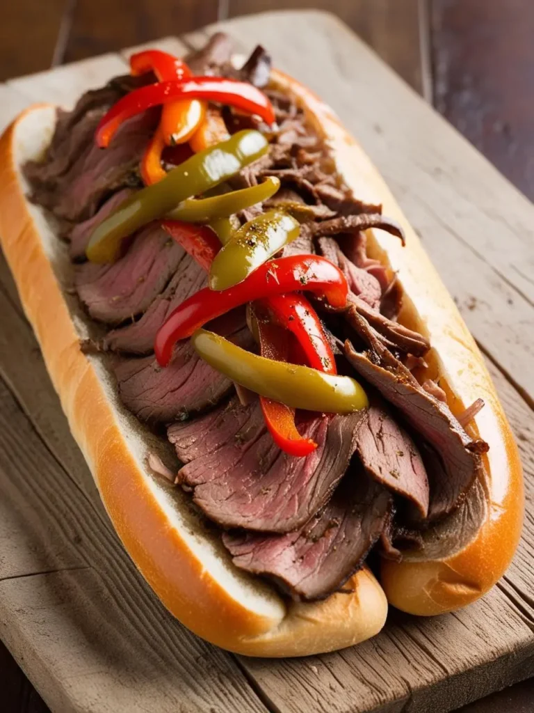 A mouthwatering Italian Beef sandwich piled high with thinly sliced, slow-cooked beef. The sandwich is topped with colorful bell pepper strips and rests on a wooden board. It looks like a hearty and flavorful meal.