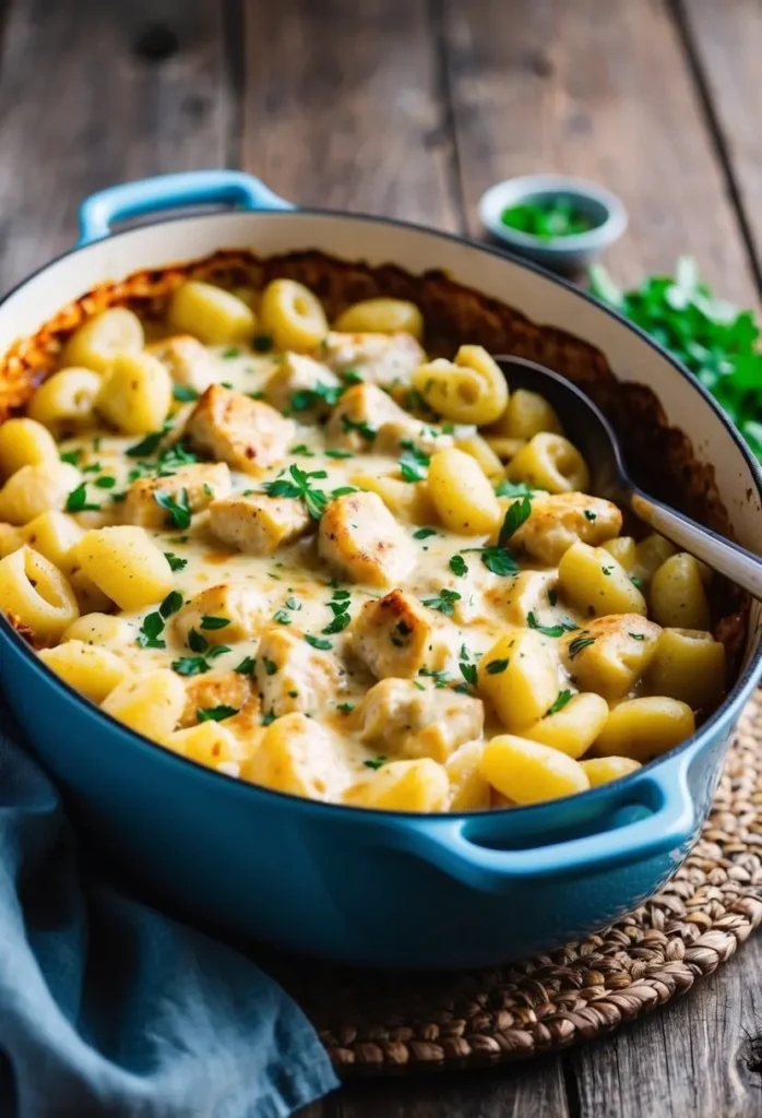 A blue casserole dish filled with a creamy chicken and gnocchi bake. The dish is topped with melted cheese and fresh parsley, and a spoon is resting on the side. The dish is placed on a wooden table, next to a small bowl of parsley.