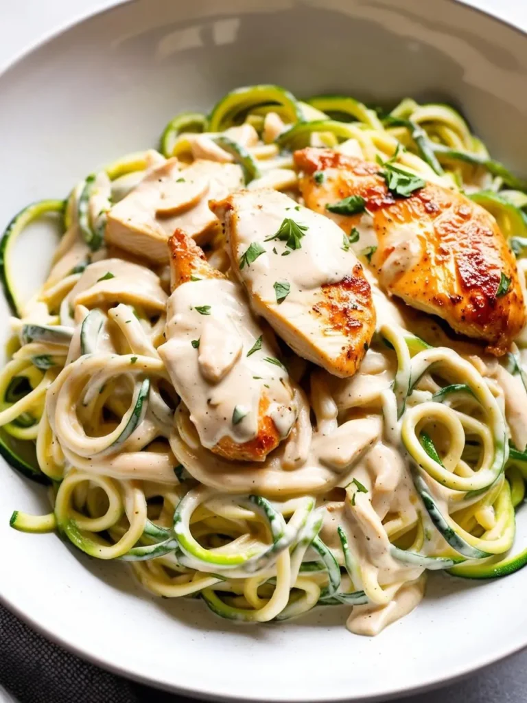 A plate of creamy chicken Alfredo with zucchini noodles. The chicken is seasoned and has a golden brown crust. The zucchini noodles are coated in a creamy sauce and look incredibly appetizing.