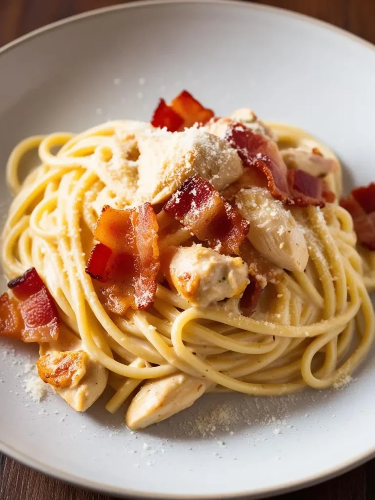 A close-up of a plate of spaghetti topped with a creamy sauce, crispy bacon bits, shredded chicken, and a sprinkle of Parmesan cheese. The dish looks rich and flavorful, ready to be enjoyed.