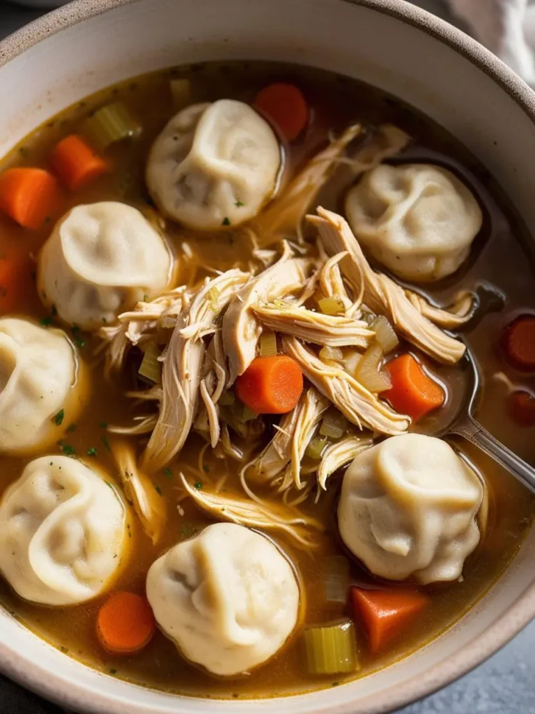 A bowl of chicken noodle soup with large, homemade dumplings. The soup is filled with shredded chicken, carrots, and celery, and the dumplings look fluffy and delicious. The dish looks warm, comforting, and perfect for a cold day.