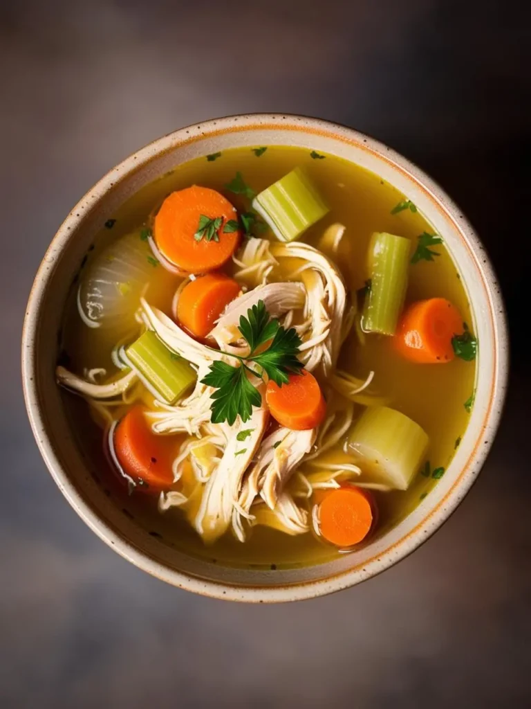 A bowl of steaming chicken noodle soup. The soup is filled with shredded chicken, carrots, celery, and noodles, and garnished with fresh parsley. The dish looks warm, comforting, and perfect for a cold day.