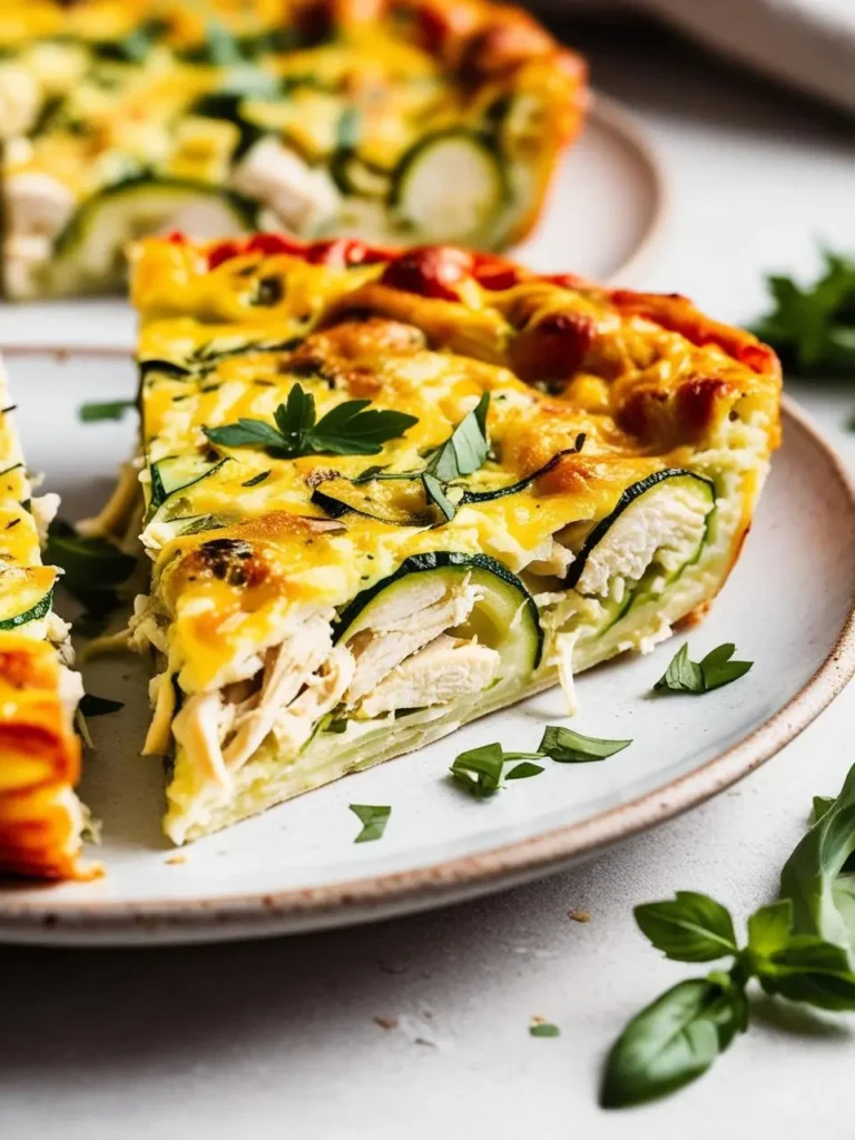 A slice of savory quiche on a plate, with a portion of the pie visible in the background. The quiche is filled with zucchini, chicken, and cheese, and is topped with fresh parsley.