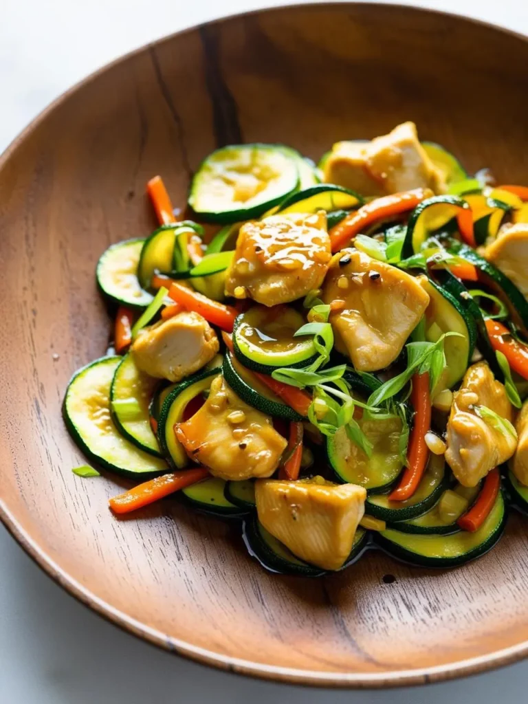 A wooden plate filled with a stir-fry of chicken, zucchini, and carrots. The vegetables are cooked until tender-crisp, and the chicken is juicy and flavorful. The dish is glazed with a savory sauce and garnished with green onions, making it look incredibly appetizing.