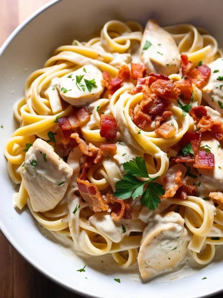 A close-up of a bowl of fettuccine pasta smothered in a creamy Alfredo sauce. The pasta is topped with crispy bacon bits, tender chicken, and fresh parsley. The dish looks rich, decadent, and incredibly appetizing.