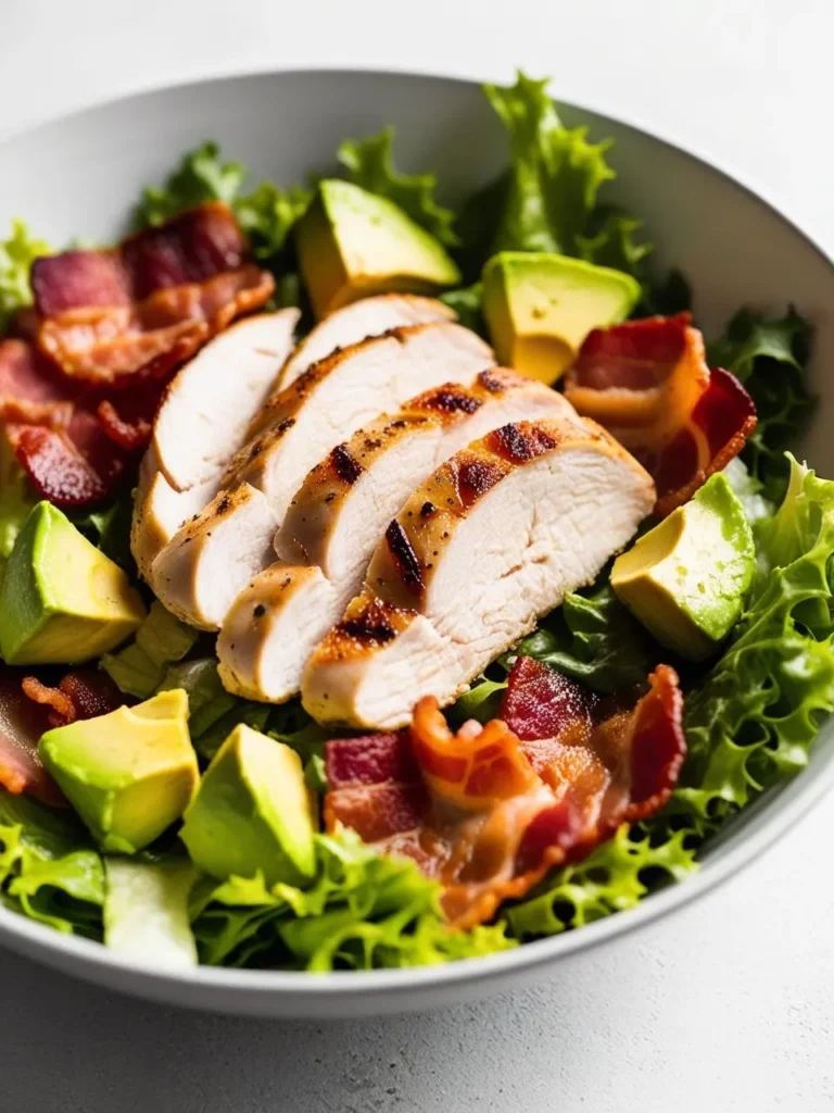 A fresh and vibrant salad featuring grilled chicken, crispy bacon, slices of ripe avocado, and a bed of crisp lettuce. The salad looks light and healthy, perfect for a satisfying meal.