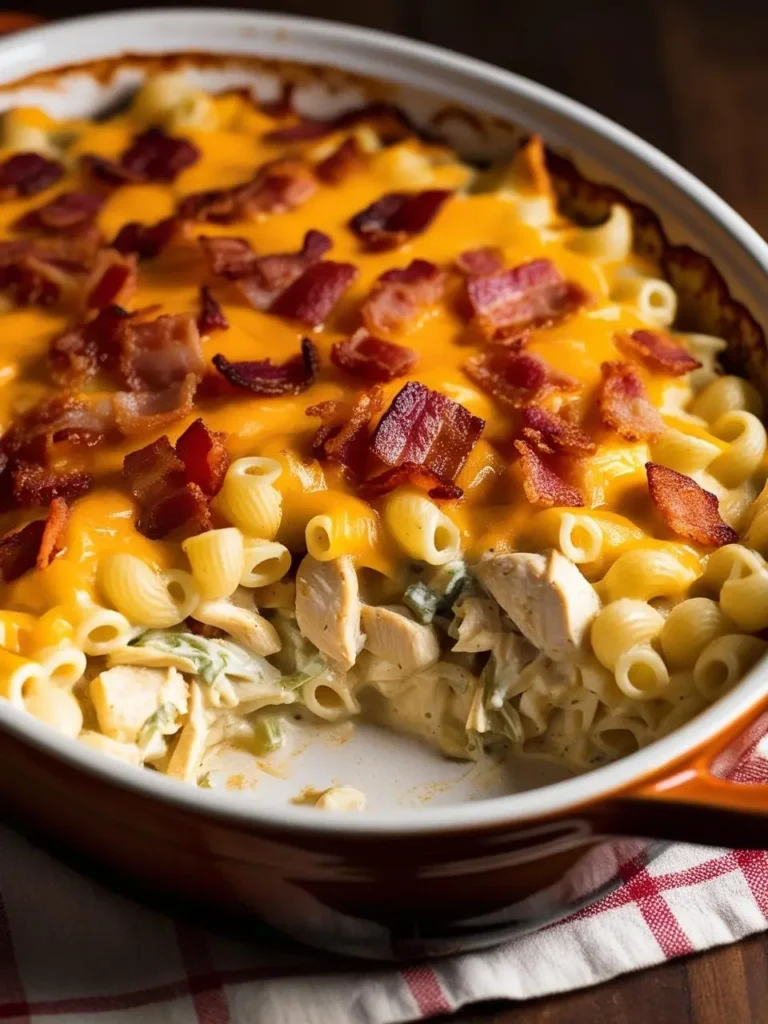 A close-up of a golden-brown casserole dish filled with a creamy macaroni and cheese. The dish is topped with crispy bacon bits and melted cheddar cheese. A scoop of the cheesy pasta is missing, revealing the creamy filling underneath.