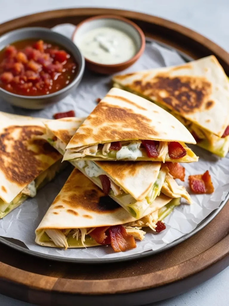 A close-up of a plate of golden-brown quesadillas filled with chicken, bacon, and cheese. The quesadillas are served with two dipping sauces: a creamy white sauce and a vibrant red salsa. The dish looks delicious and ready to be enjoyed.