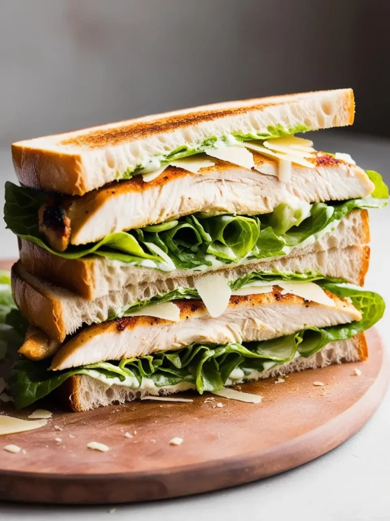 A towering club sandwich with layers of toasted bread, grilled chicken, lettuce, tomato, and Caesar dressing.