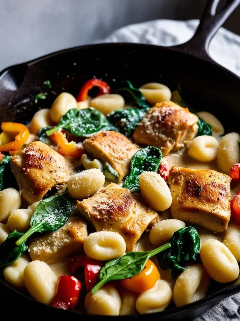 A cast iron skillet filled with a creamy chicken and gnocchi dish. The gnocchi are soft and pillowy, and the chicken is golden brown and crispy. The dish is served with a creamy sauce and is topped with spinach, bell peppers, and Parmesan cheese. It looks delicious and inviting.