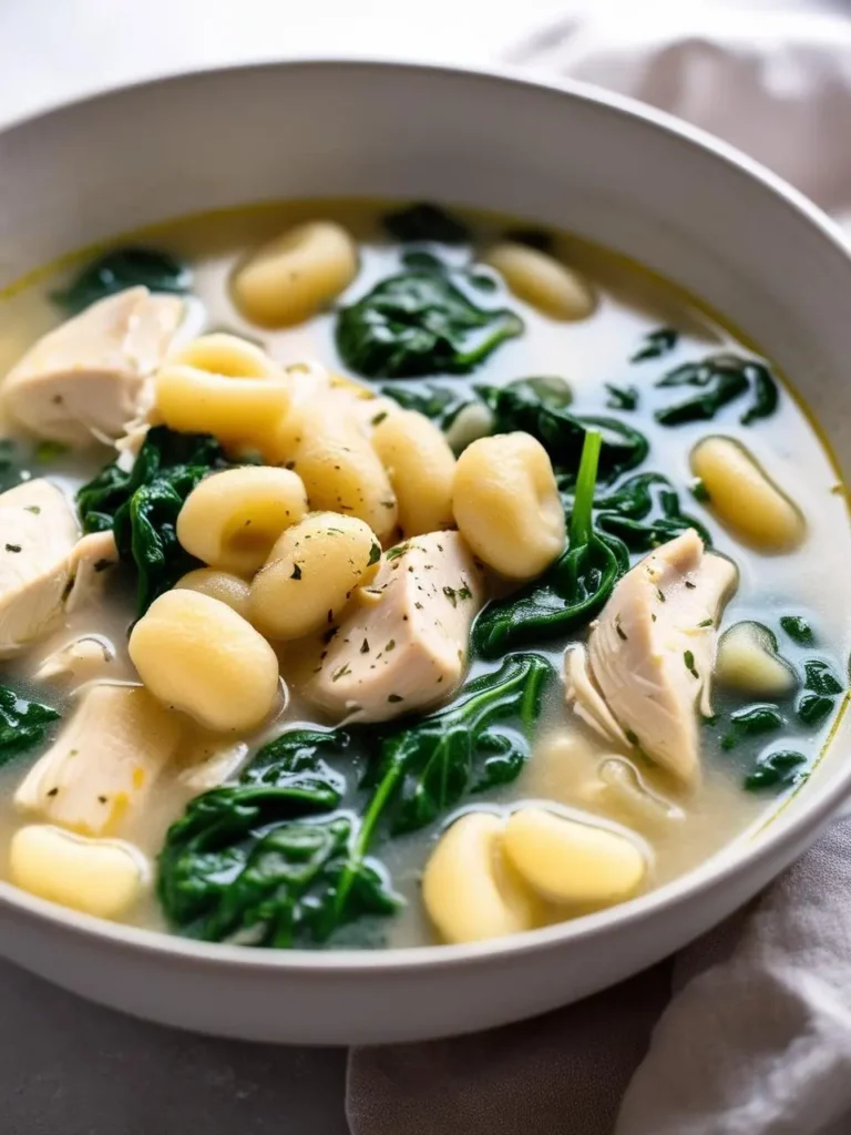 A bowl of creamy chicken and gnocchi soup. The soup is filled with tender chicken pieces, pillowy gnocchi, and fresh spinach. It looks warm, comforting, and perfect for a cold day.