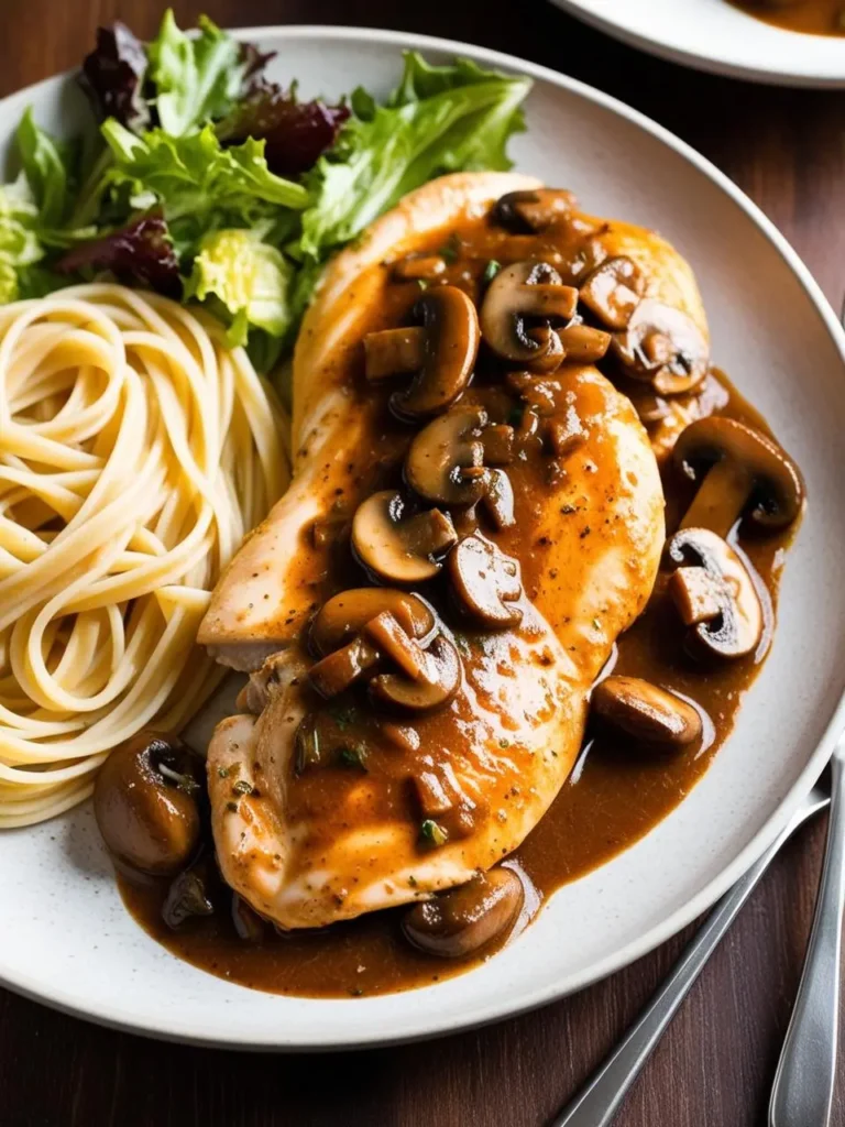 A plate of chicken marsala. A chicken breast is topped with a rich, brown mushroom sauce and served alongside a mound of spaghetti and a side salad. The dish looks delicious and satisfying.