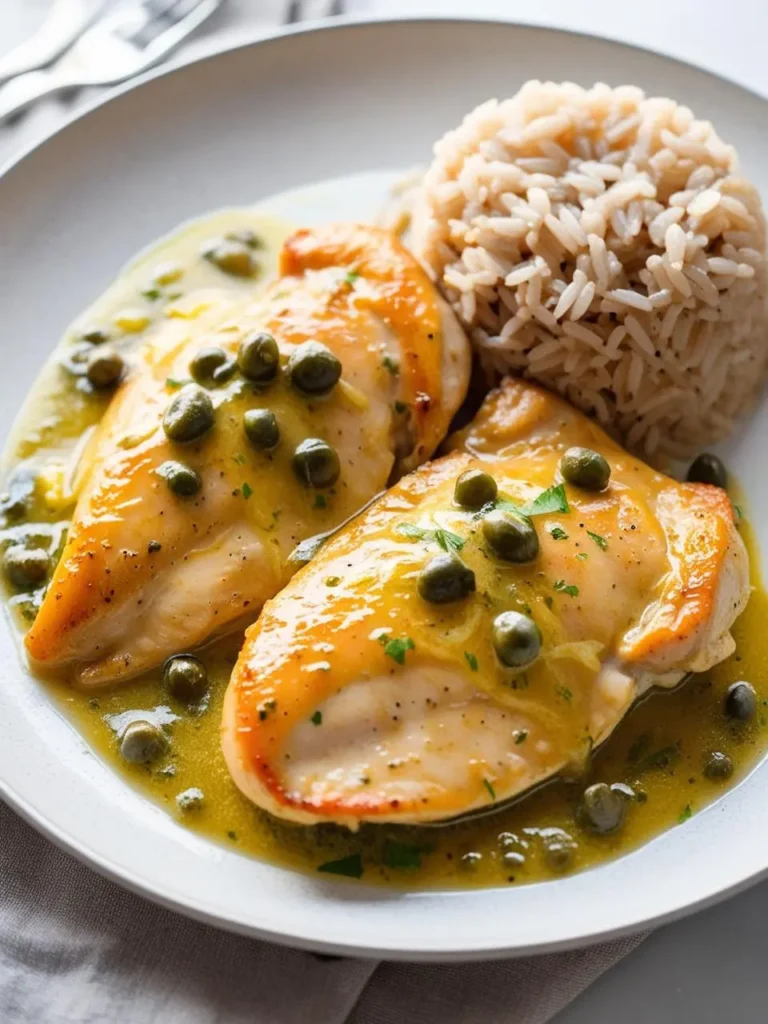 A plate of Chicken Piccata. Two pan-seared chicken breasts are smothered in a tangy lemon-butter sauce studded with capers. The dish is served with a side of fluffy white rice. It looks light, flavorful, and perfect for a summer meal.